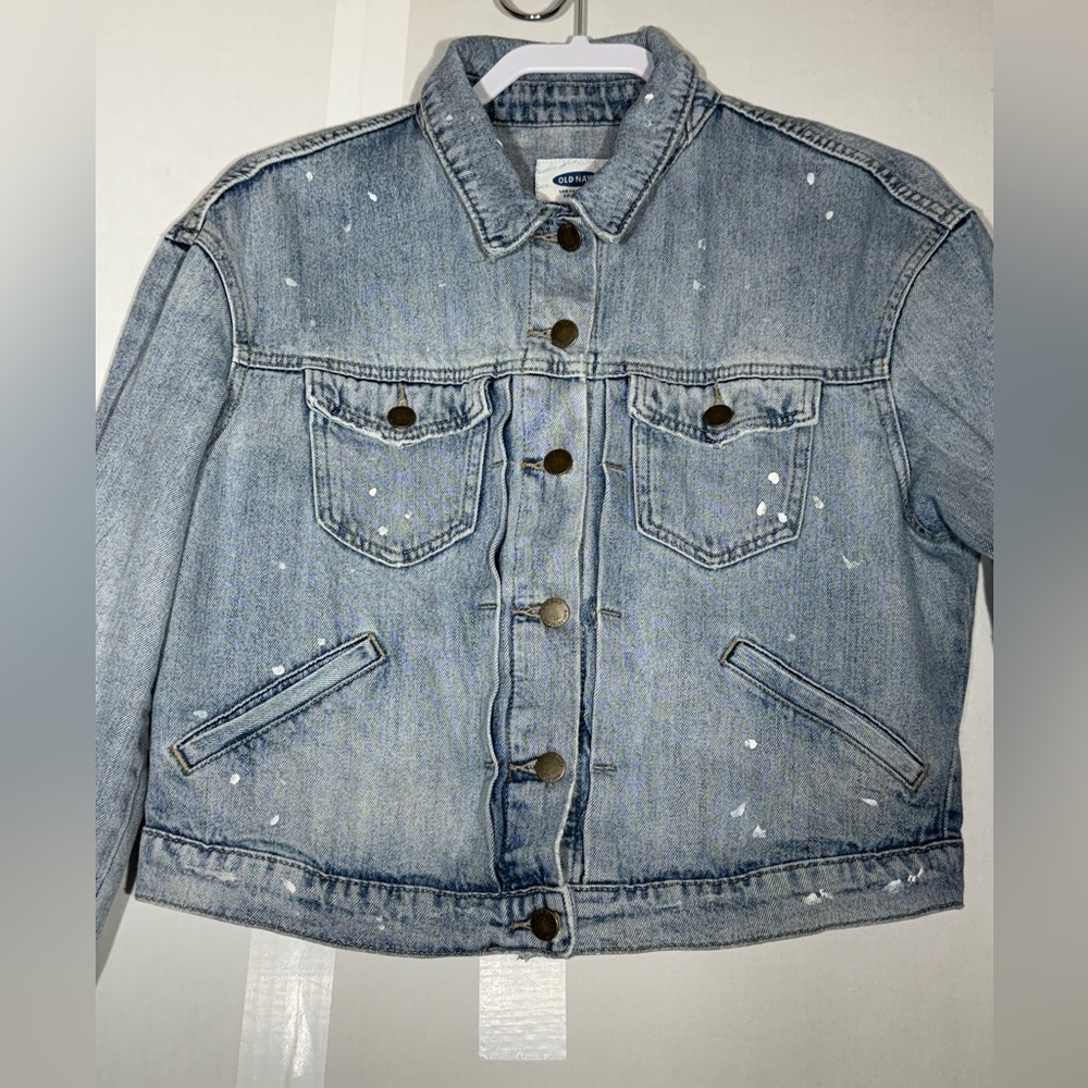 Old Navy Jean Jacket Paint Splatter Distressed Button Up Women’s Size Medium - Picture 2 of 8
